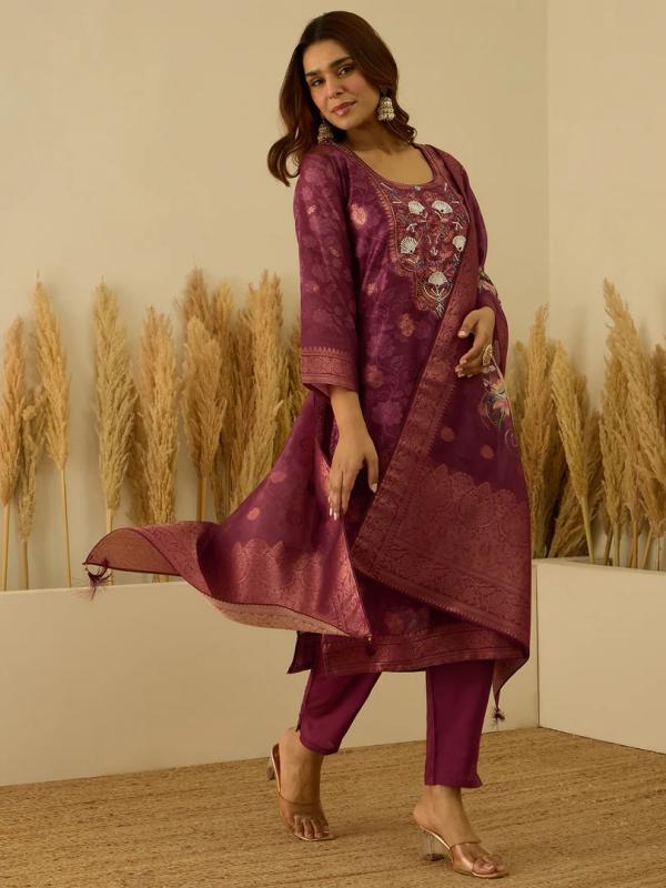 VP 9727 M Silk Blend Embroidered Straight Kurta Set with Trousers & Dupatta